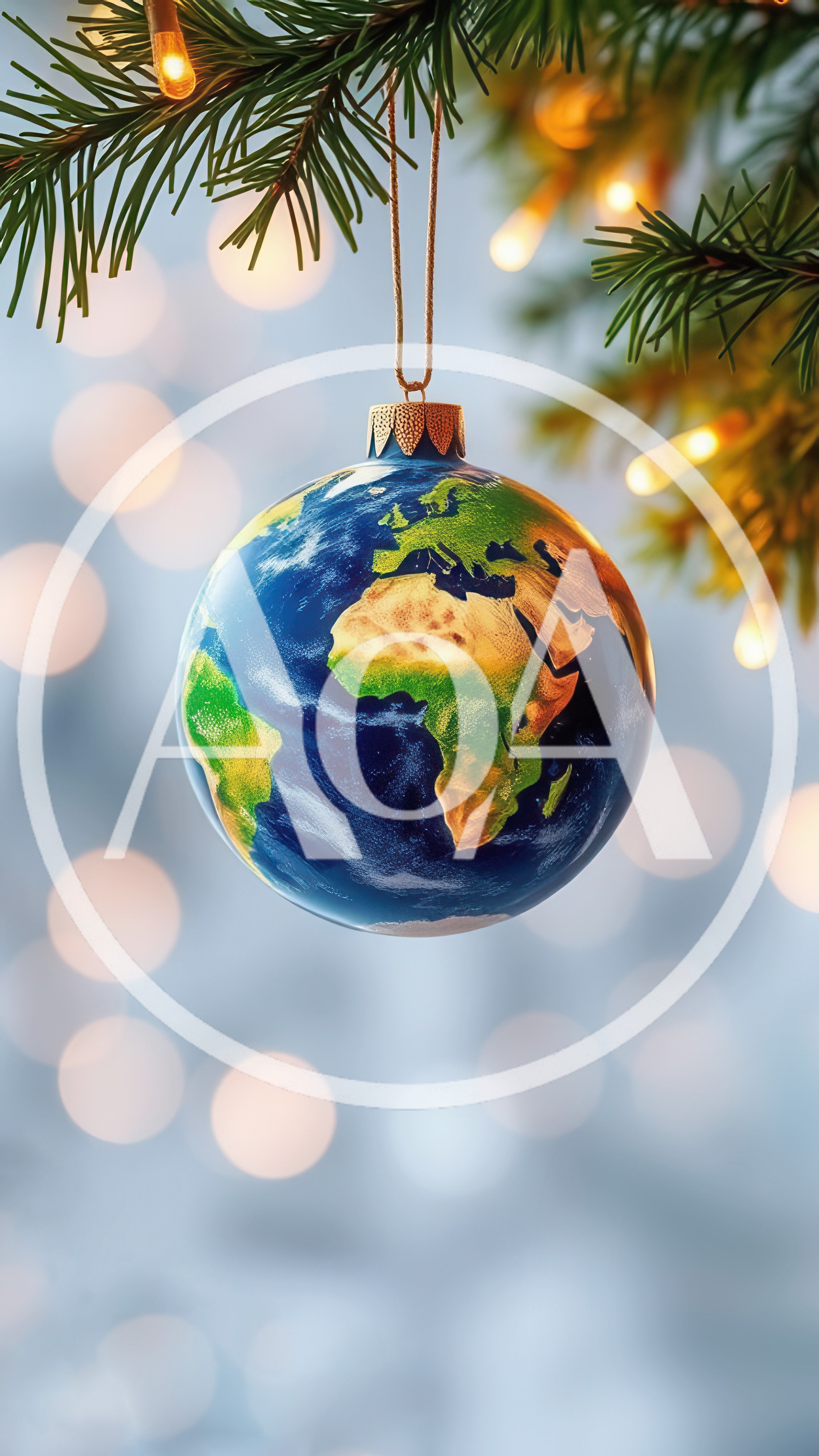 Earth Globe Christmas Ornament Hanging On Pine Branch