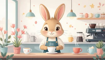 Cute Cartoon Bunny Barista Serving Coffee