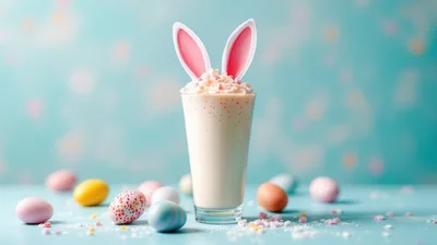 Easter Milkshake With Bunny Ears And Colorful Eggs