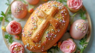 Easter Bread With Cross And Pink Eggs
