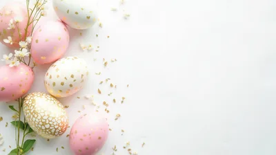 Easter Eggs Decorated With Gold Foil On White Background