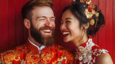Happy Interracial Couple in Traditional Chinese Wedding Attire