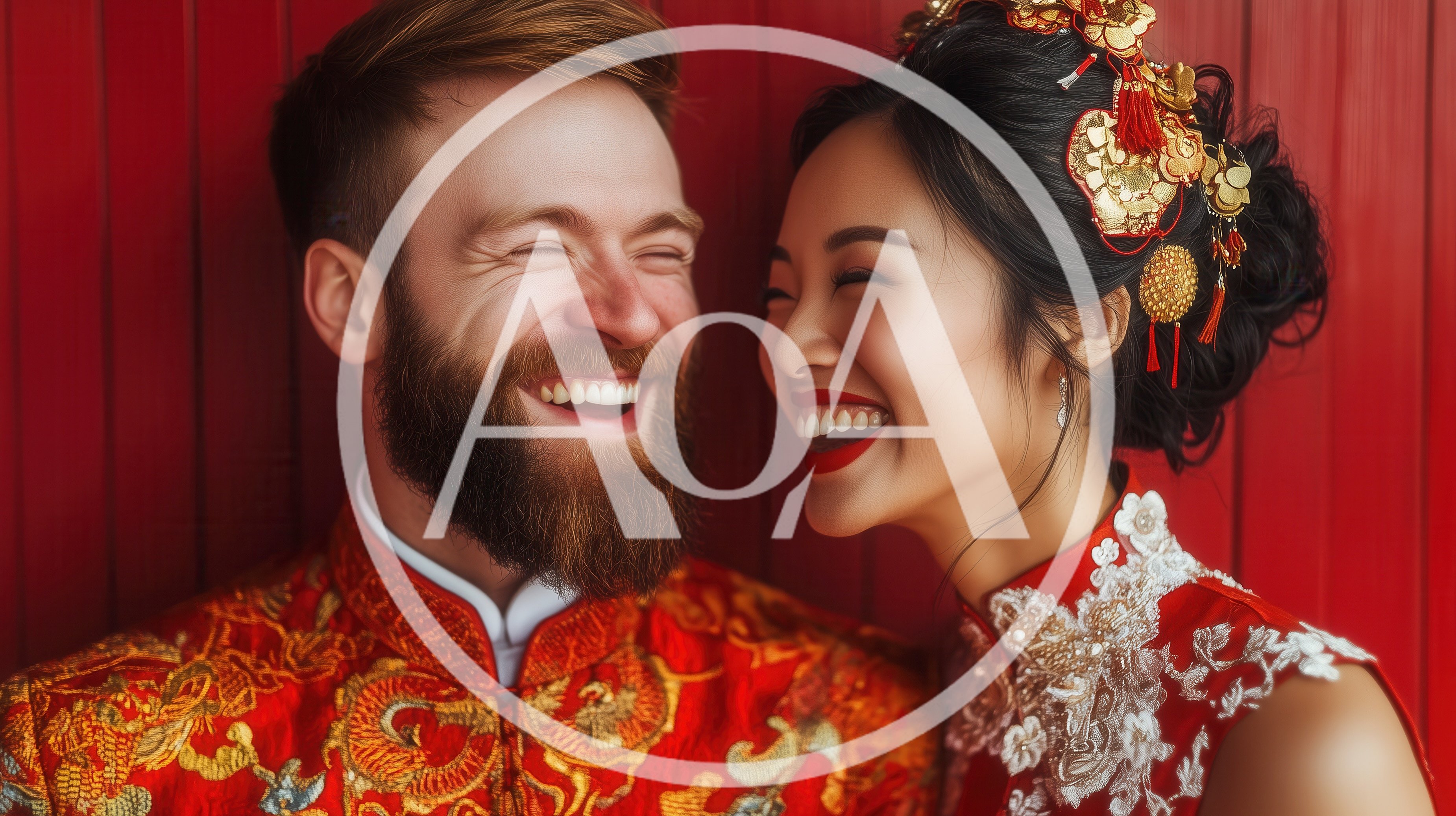 Happy Interracial Couple in Traditional Chinese Wedding Attire