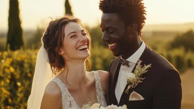 Happy Interracial Newlyweds Laughing Together In A Vineyard