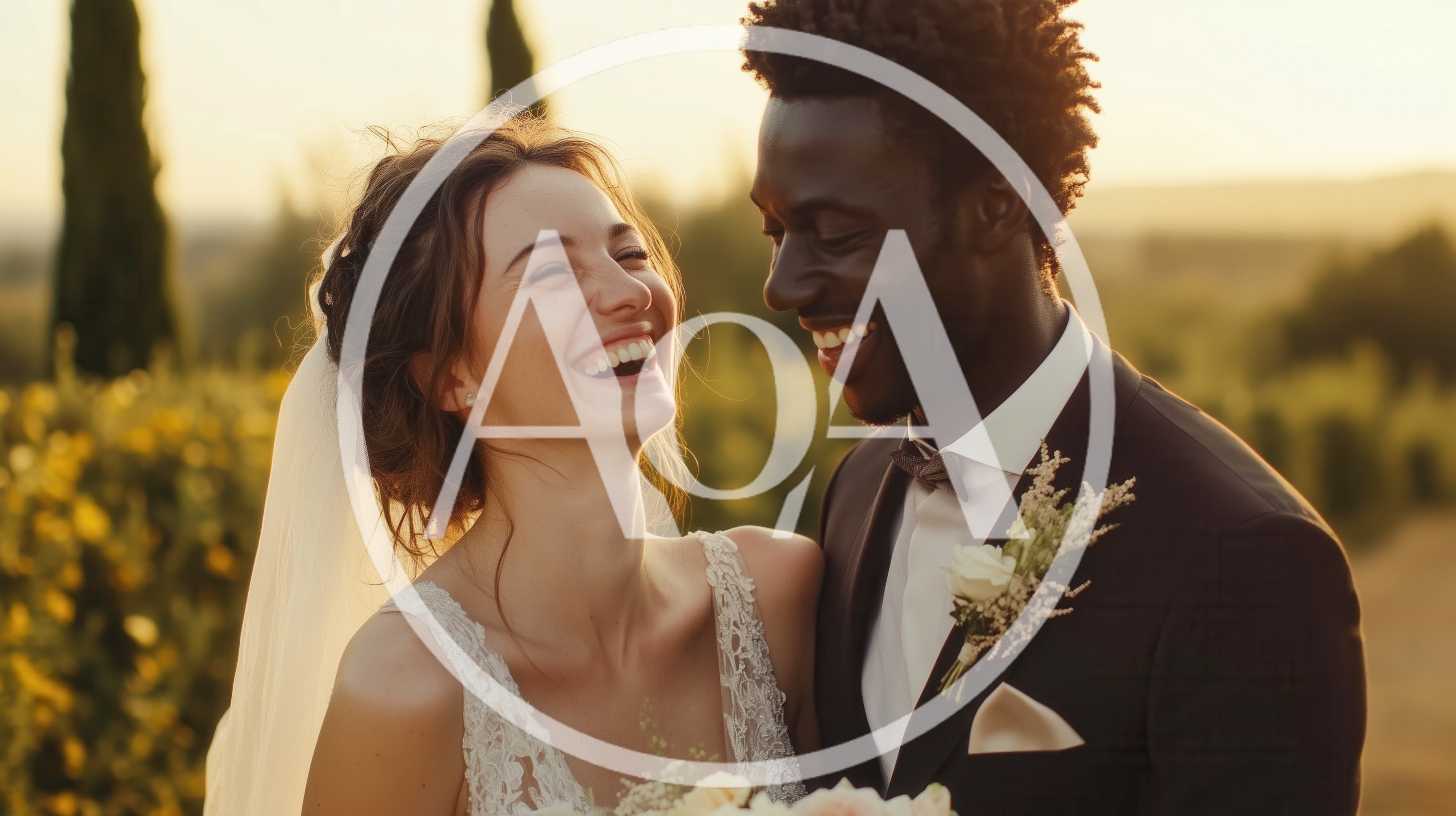 Happy Interracial Newlyweds Laughing Together In A Vineyard