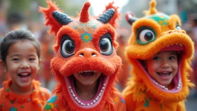 Children Wearing Traditional Chinese Dragon Costumes