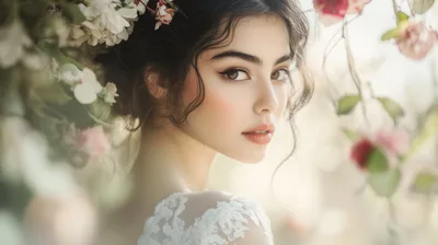 Portrait Of A Beautiful Bride Surrounded By Flowers