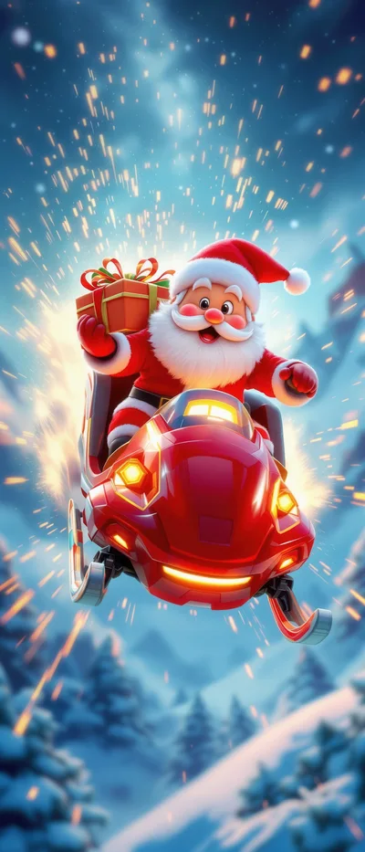 Santa Claus Riding A Futuristic Red Snowmobile