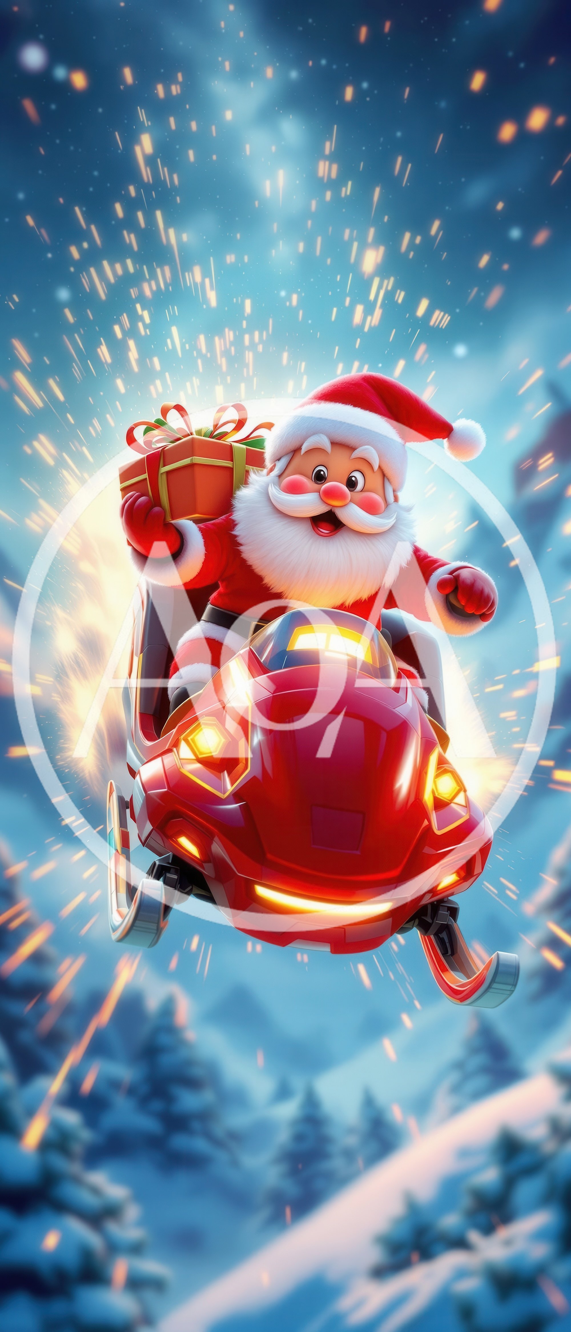 Santa Claus Riding A Futuristic Red Snowmobile