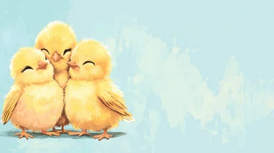 Three Cute Fluffy Yellow Chicks Cuddling Together