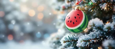 Watermelon Ornament Hanging on a Snowy Christmas Tree
