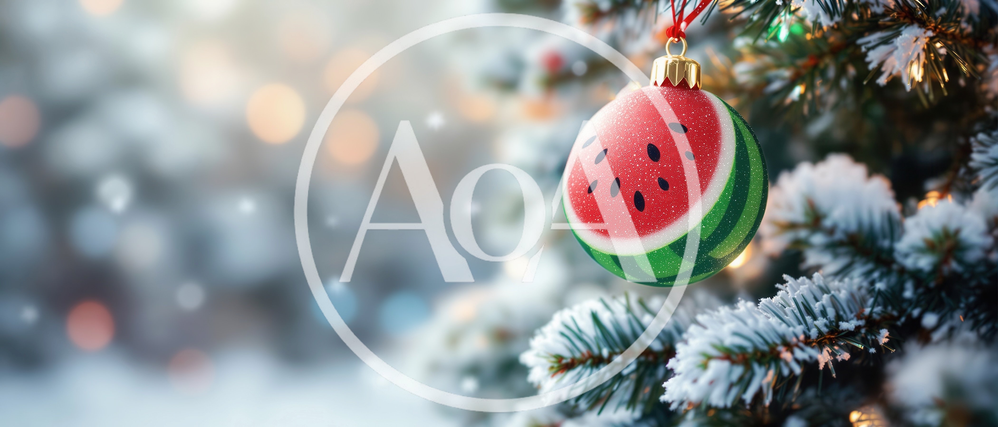 Watermelon Ornament Hanging on a Snowy Christmas Tree