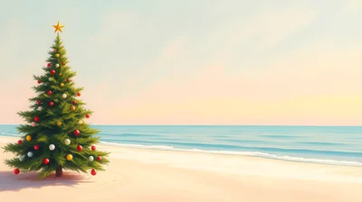 Decorated Christmas Tree Standing On A Tropical Beach