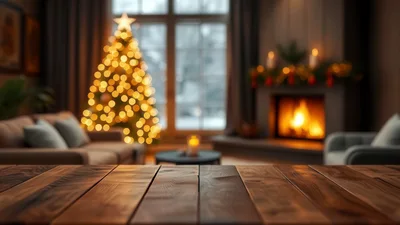 Wooden Table Surface In Cozy Christmas Living Room