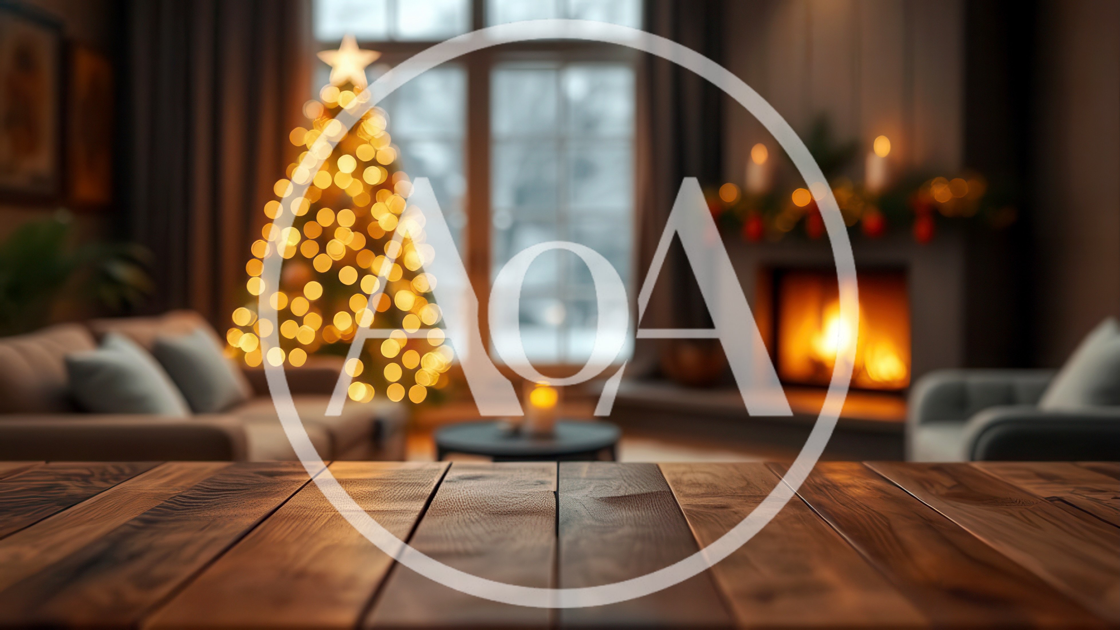 Wooden Table Surface In Cozy Christmas Living Room