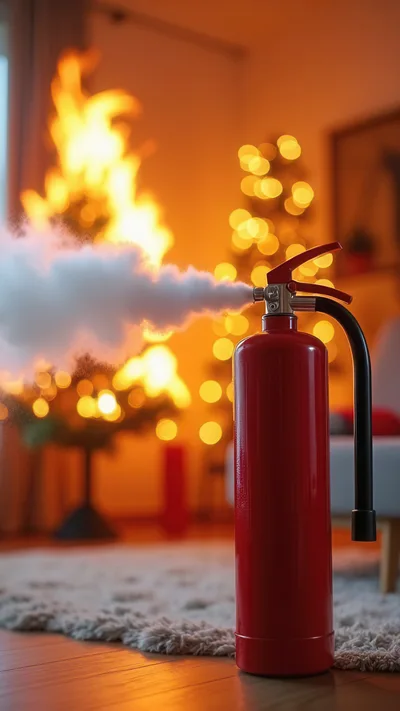 Red Fire Extinguisher Spraying Foam On Burning Christmas Tree