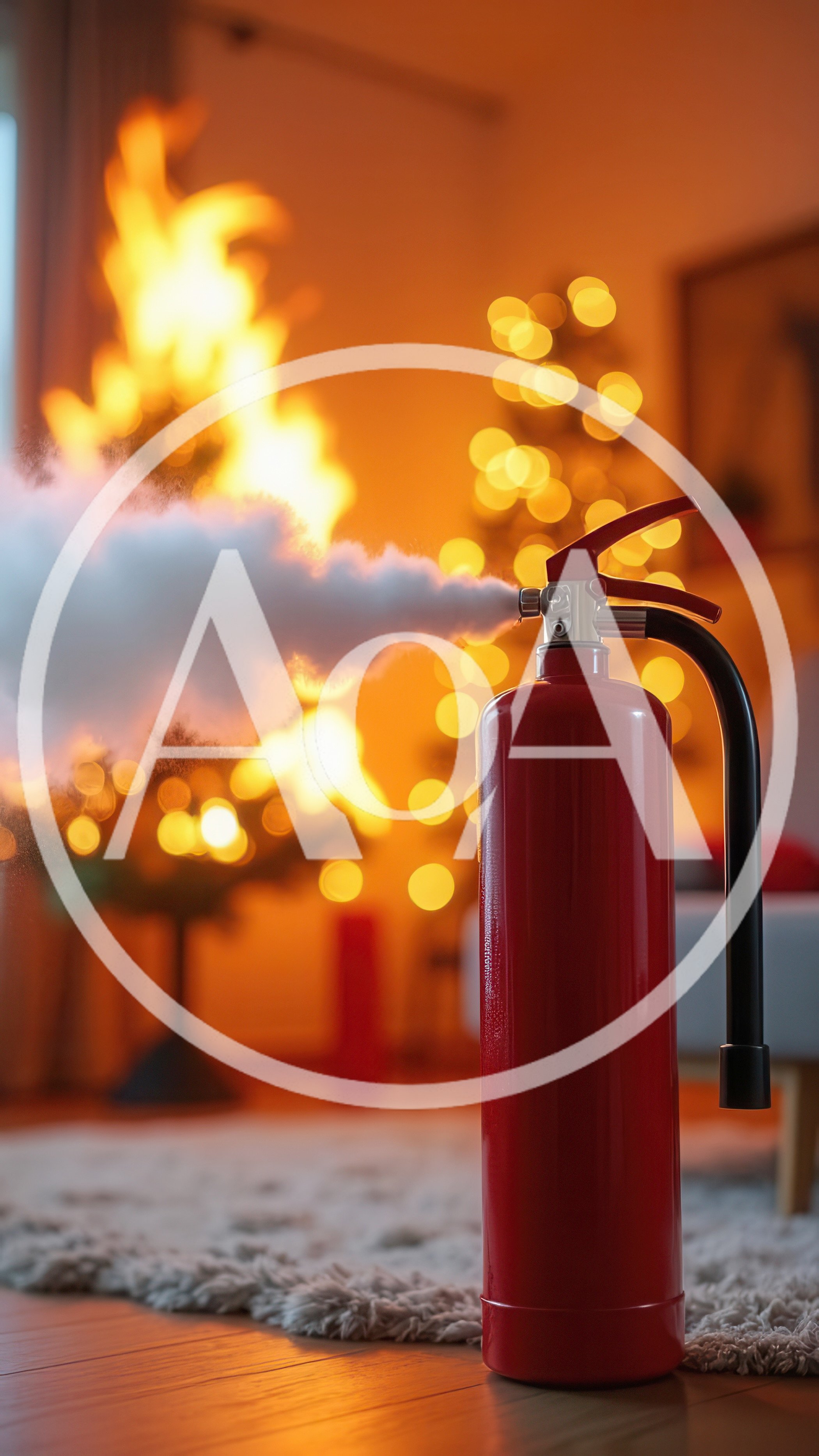 Red Fire Extinguisher Spraying Foam On Burning Christmas Tree
