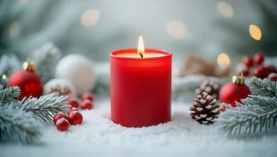 Red Christmas Candle Surrounded By Festive Decorations