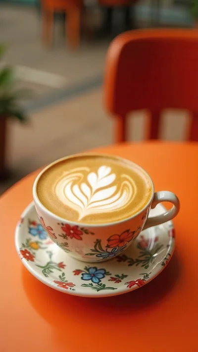 Floral Coffee Cup With Latte Art On Orange Table