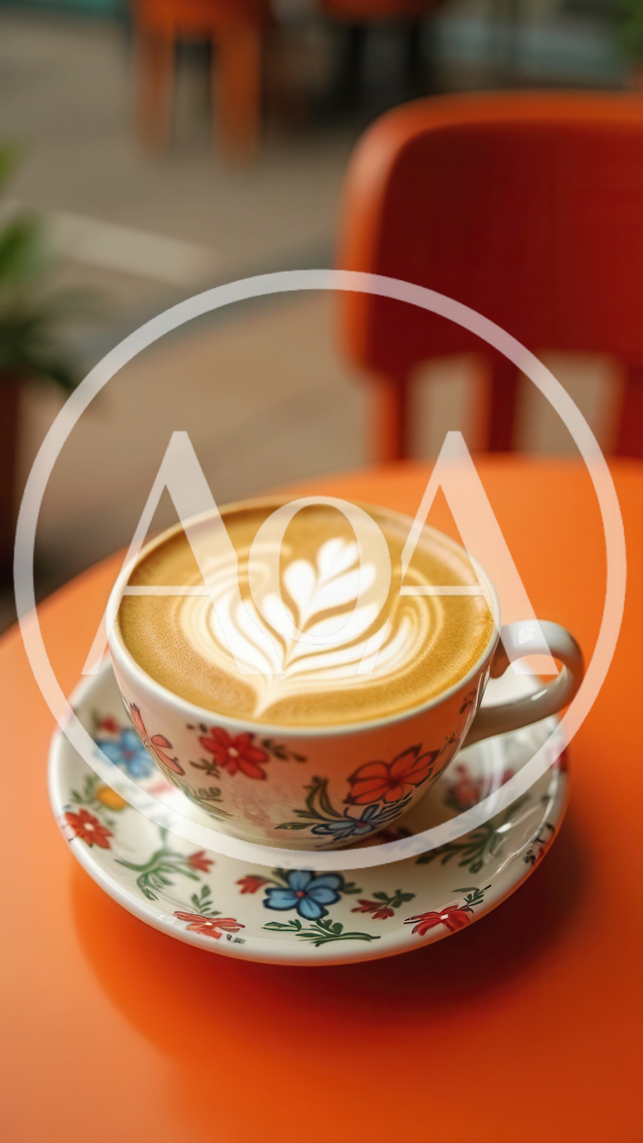 Floral Coffee Cup With Latte Art On Orange Table