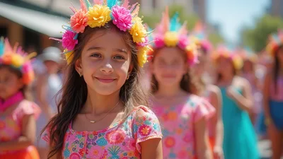 Young Girl Wearing Floral Crown at Outdoor Parade