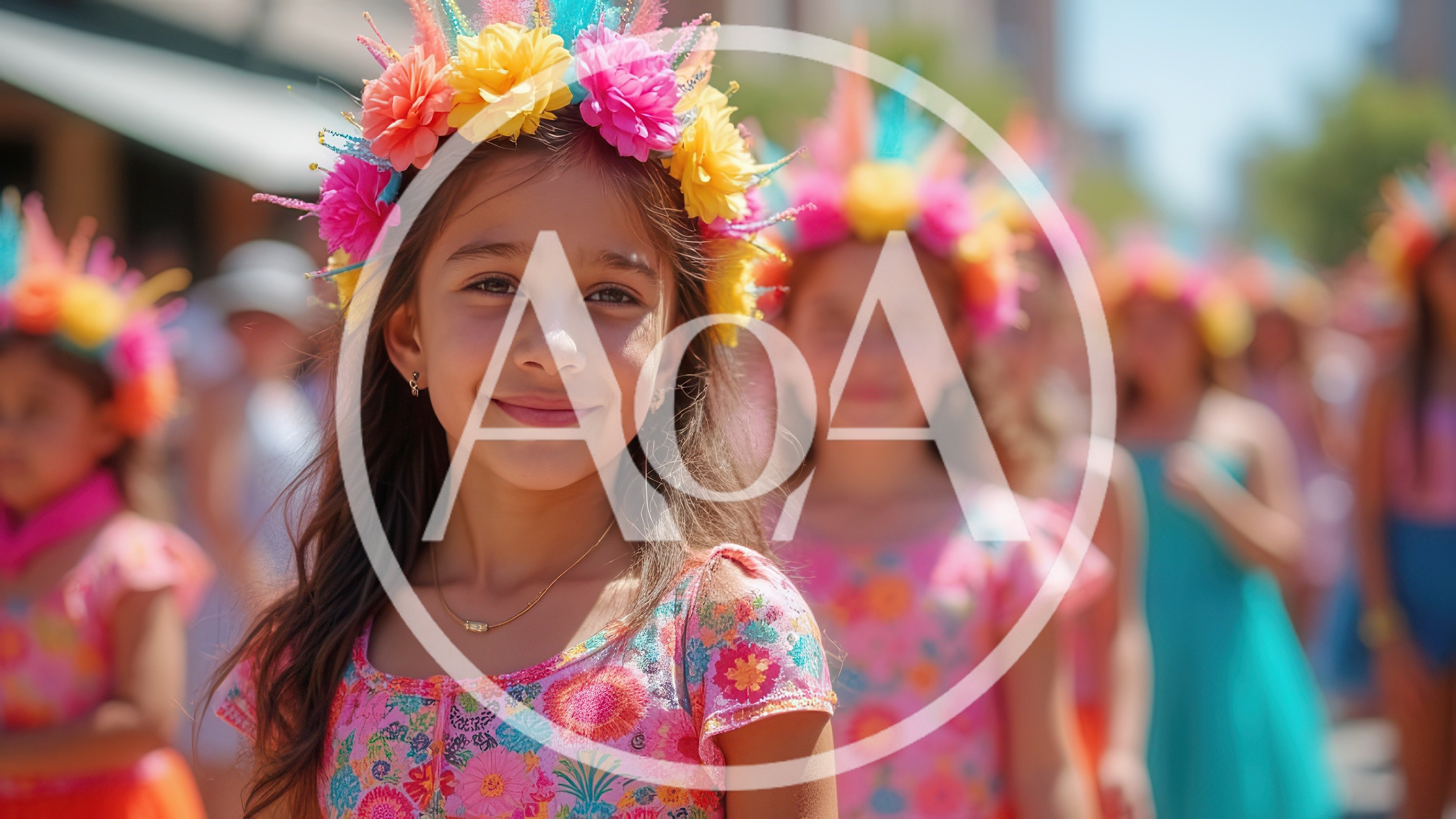 Young Girl Wearing Floral Crown at Outdoor Parade