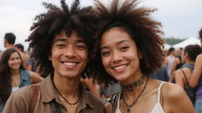 Young Couple Smiling Together at an Outdoor Music Festival