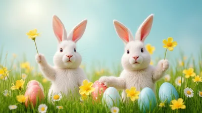 Two Cute White Easter Bunnies Holding Yellow Flowers
