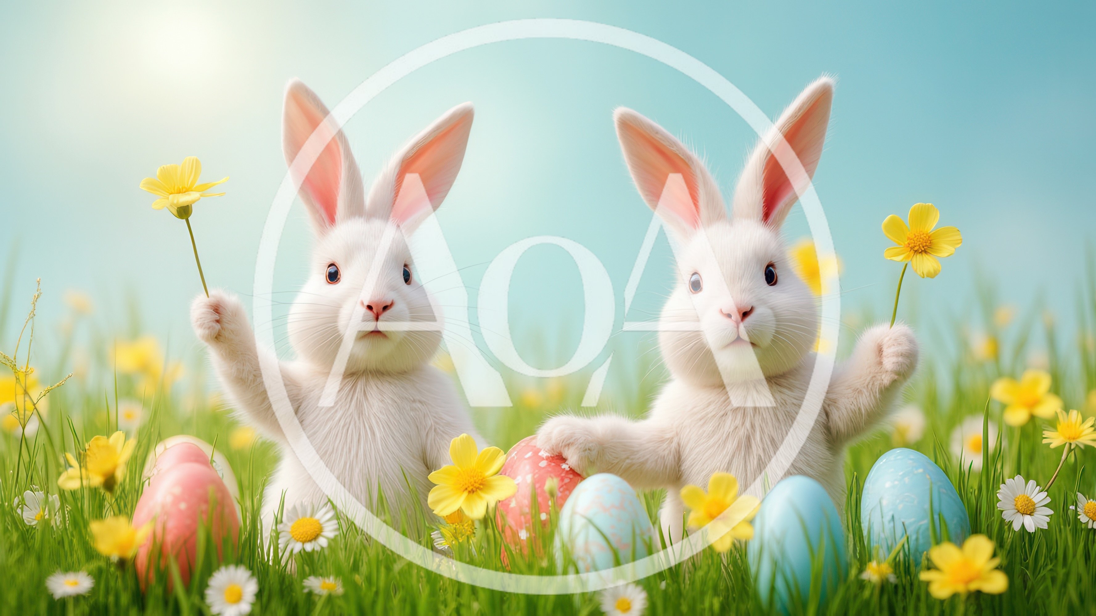 Two Cute White Easter Bunnies Holding Yellow Flowers