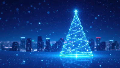 Glowing Digital Christmas Tree Against City Skyline