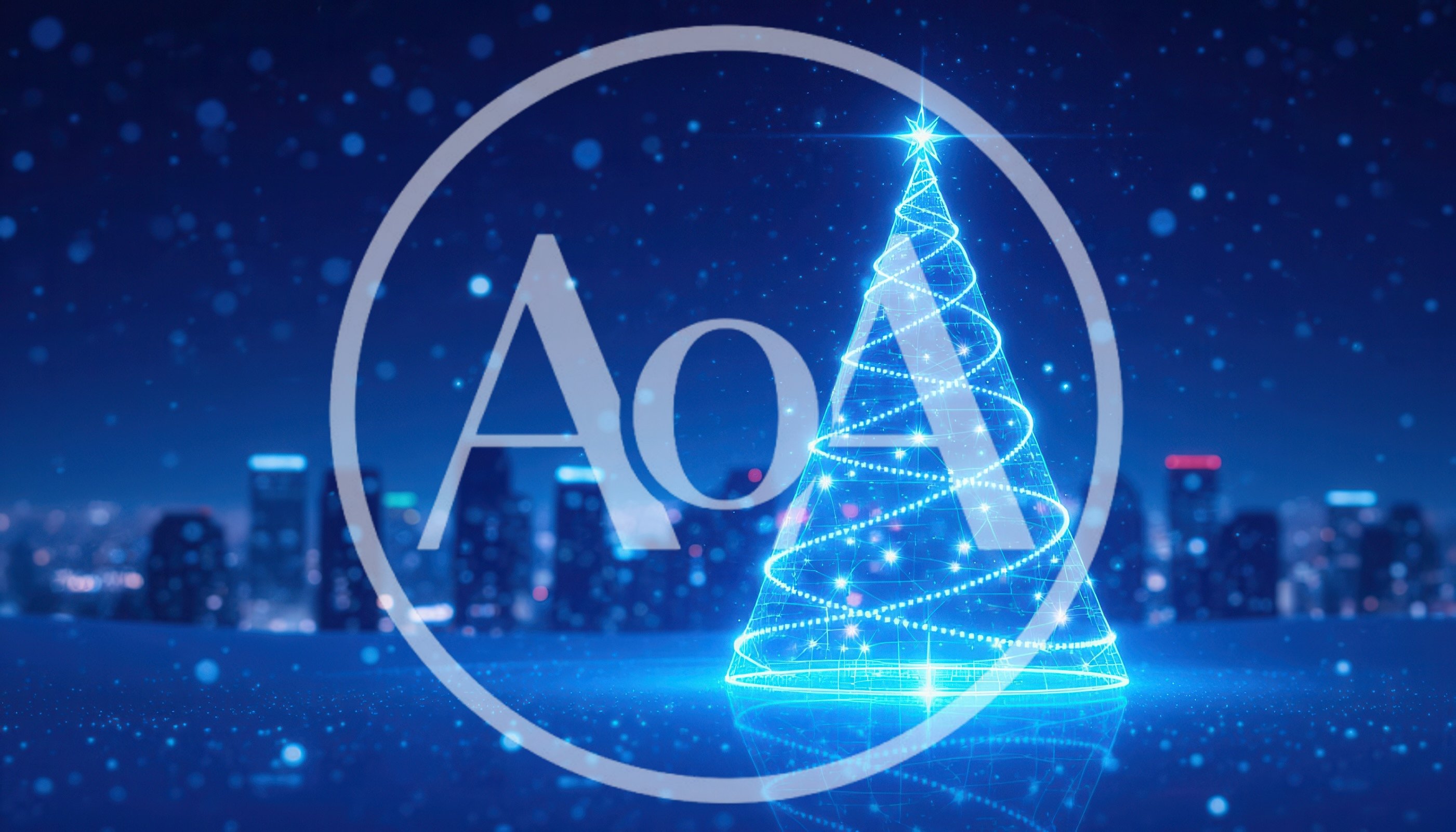 Glowing Digital Christmas Tree Against City Skyline