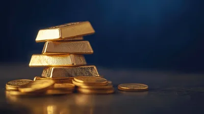 Stack Of Gold Bars And Coins On Dark Surface