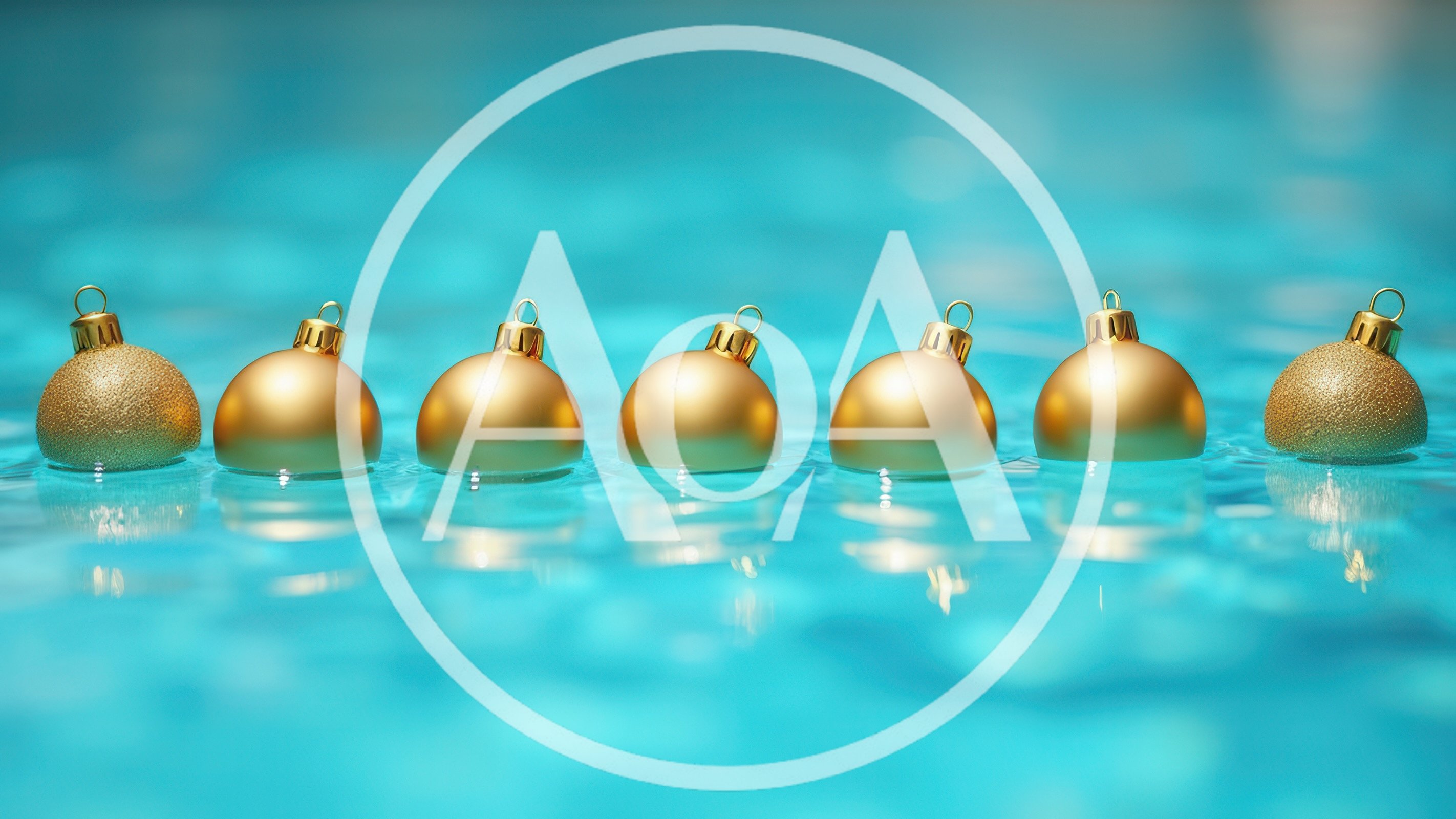 Seven Golden Christmas Ornaments Floating In Blue Water