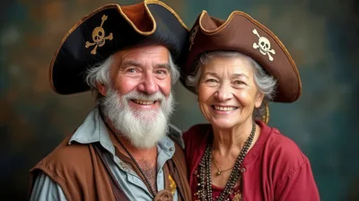 Senior Couple Dressed In Pirate Costumes