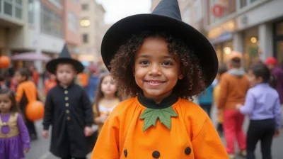 Young Child Dressed As A Pumpkin For Halloween