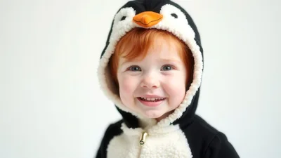 Happy Toddler Wearing A Cute Penguin Costume