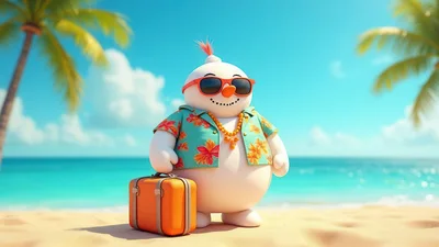 Snowman Wearing Hawaiian Shirt And Sunglasses On Beach