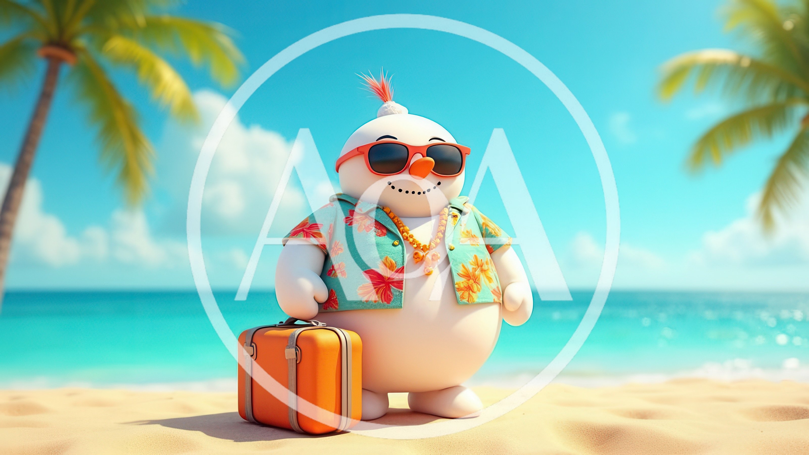 Snowman Wearing Hawaiian Shirt And Sunglasses On Beach