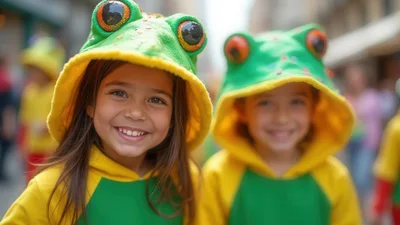Two Young Girls Wearing Frog Costumes