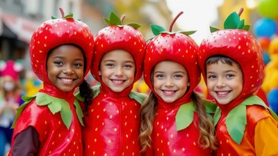 Four Happy Children Wearing Strawberry Costumes