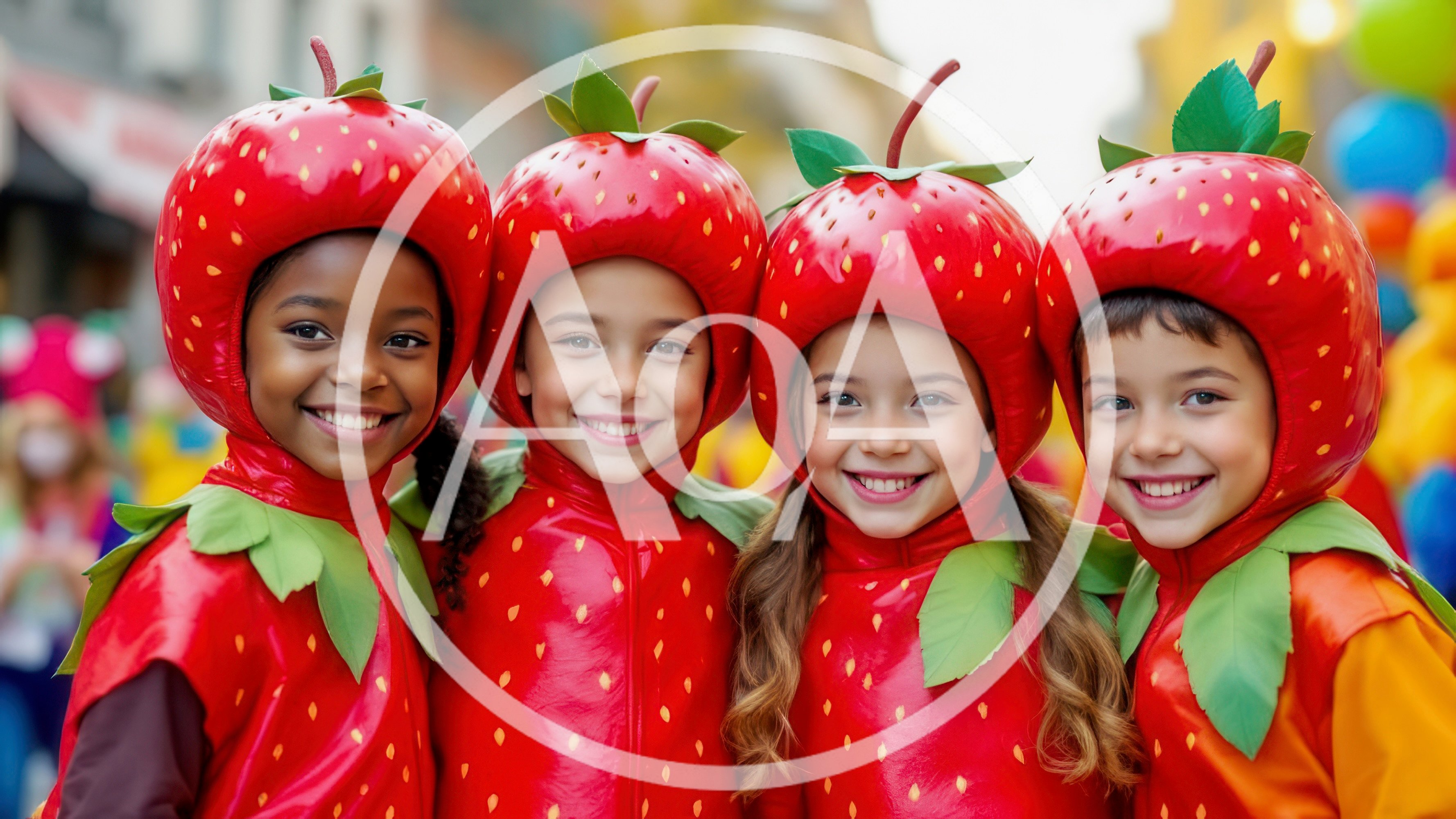 Four Happy Children Wearing Strawberry Costumes