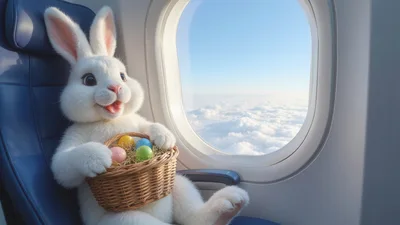 Easter Bunny Sitting In Airplane Seat With Egg Basket