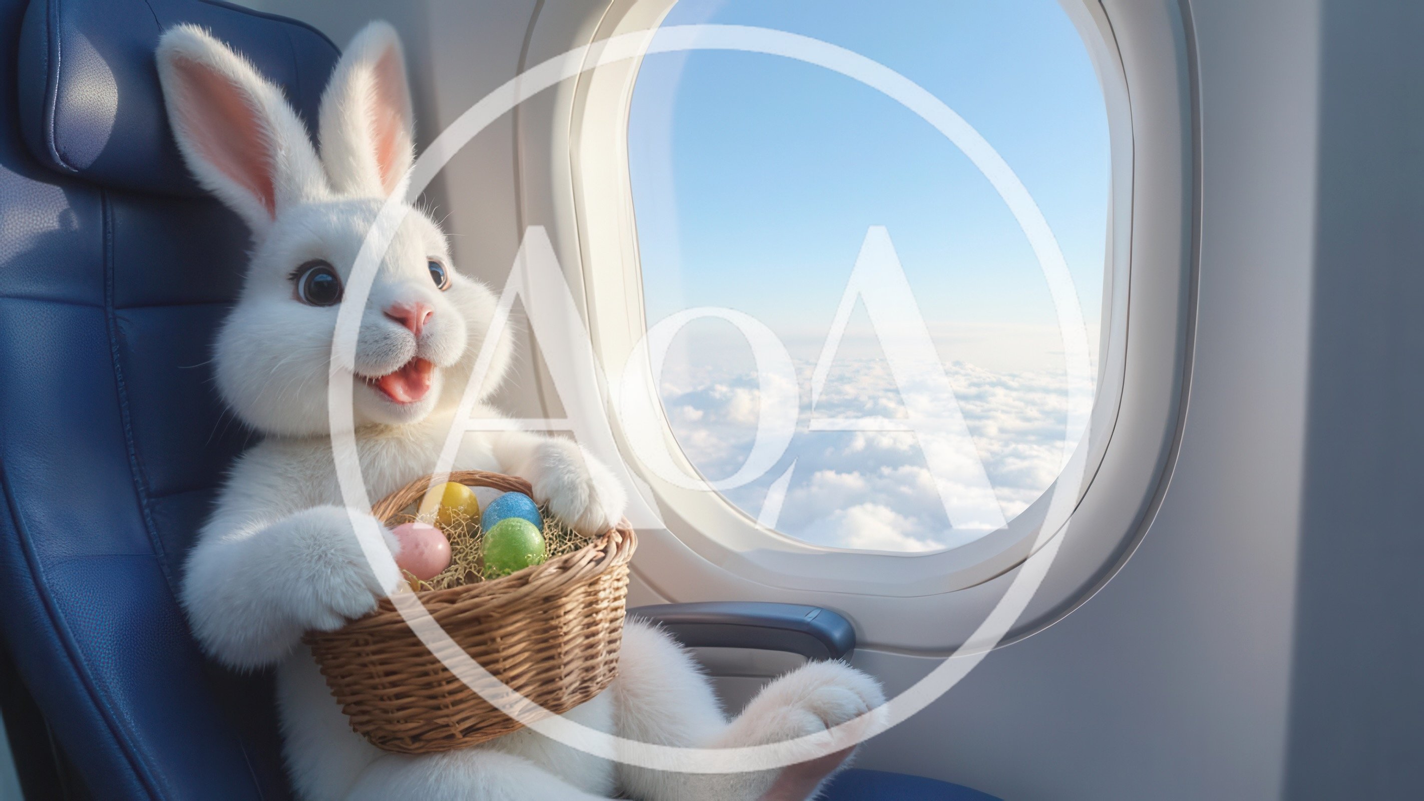 Easter Bunny Sitting In Airplane Seat With Egg Basket