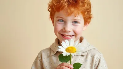 Happy Redheaded Boy Holding A White Daisy Flower