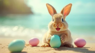 Cute Bunny Holding Easter Egg on Sandy Beach
