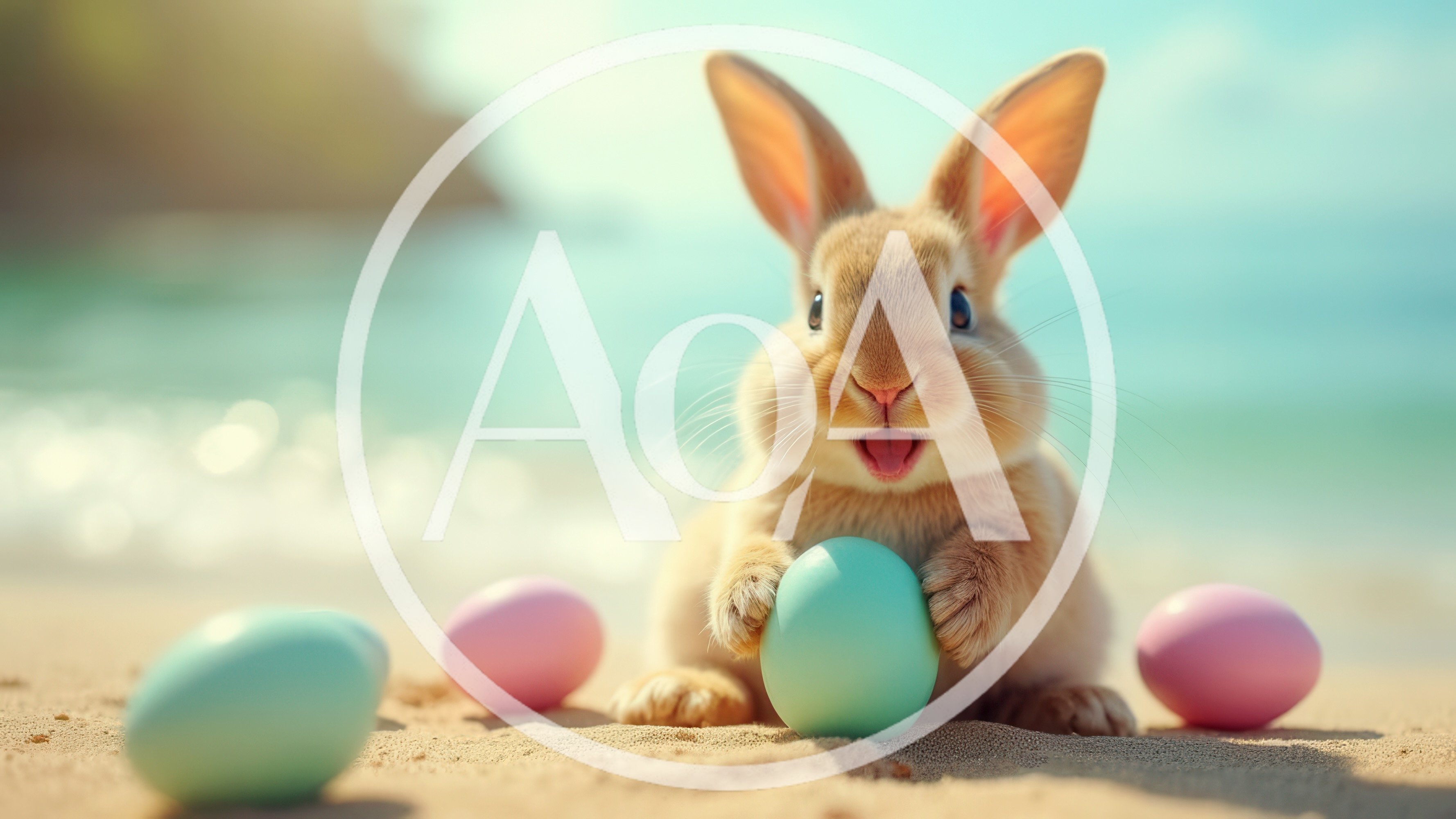 Cute Bunny Holding Easter Egg on Sandy Beach