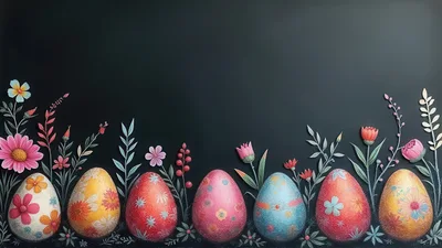 Easter Eggs Decorated With Floral Patterns On Chalkboard