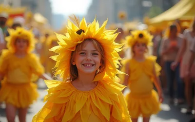Young Girl Wearing Sunflower Costume At Street Parade