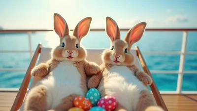 Two Cute Rabbits Relaxing on Deck Chairs