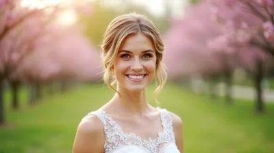 Smiling Bride In A Cherry Blossom Garden